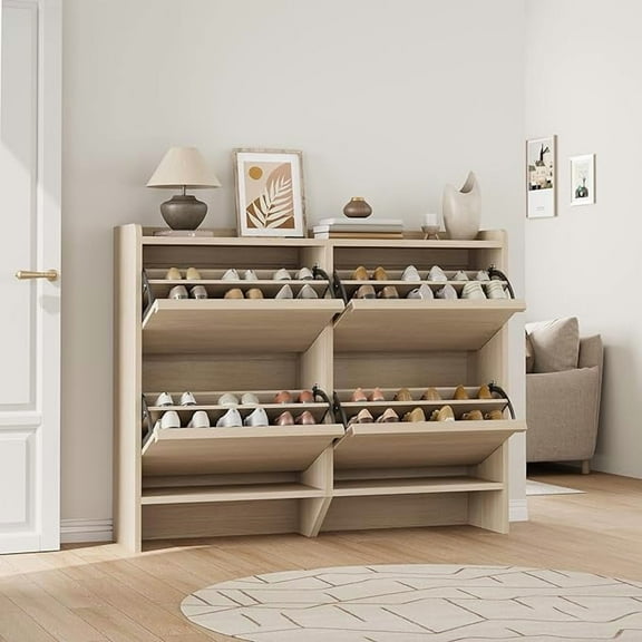 Shoe Cabinet with 4 Flip Drawers, Wooden Shoe Organizer Cabinet with Adjustable Shelf, Shoe Storage for Entryway, Hidden Shoe Cabinet for Hallway, Living Room, Natural Oak