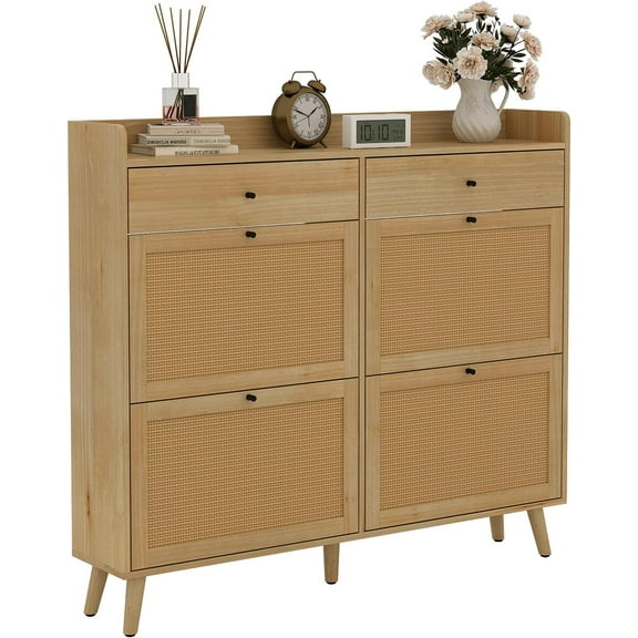 Shoe Cabinet with 4 Natural Rattan Flip Drawers & 2 Drawer, Hidden Free-Standing Shoe Rack, Wooden Shoe Storage Cabinet with Solid Wood Legs for Entryway Hallway, Living Room