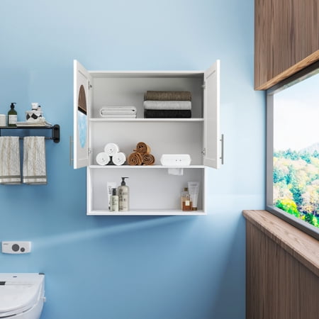 White Bathroom Mirror Cabinet with Two Doors – Vanity Mirror Wall Cabinet with Tissue Slots & Adjustable Shelves for Bathroom Storage Over Sink