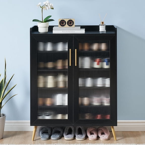 Shoe Cabinet, 5-Tier Shoe Storage Cabinet with Glass Doors, Shoes Organizer for Entryway, Hallway and Living Room, Black.