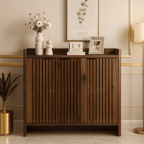 Shoe Cabinet 5-Tier with Shutter Doors, Large Wooden Shoe Organizer Rack with Adjustable Shelves, Modern Farmhouse Hidden Storage Furniture for Entryway, Hallway Dark Walnut Color