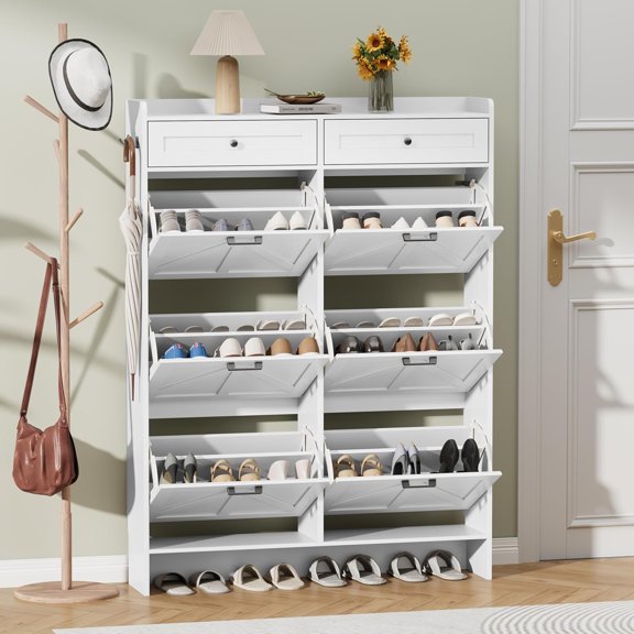 Shoe Cabinet with 6 Flip Drawers & 2 Storage Drawers, Rustic Farmhouse Narrow Shoe Organizer Cabinet, Slim Shoe Rack Cabinet, Shoe Storage Cabinet for Entryway, Hallway, Front Door