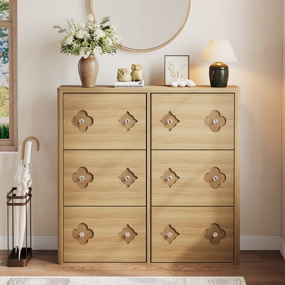 Shoe Cabinet with 6 Flip Drawers, Shoe Storage Cabinet with Adjustable Shelves, Flower Pattern & Diamond Handle, Freestanding Slim Shoe Storage, Wooden Shoe Organizer Cabinet for Entryway