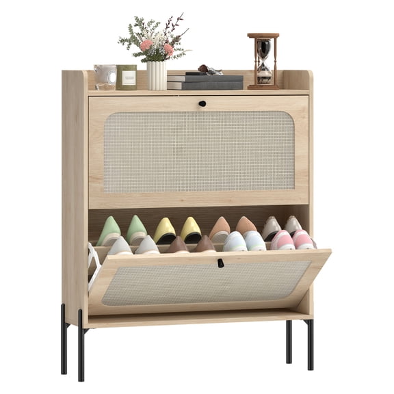Shoe Cabinet Boho Entryway, Oak Shoe Storage Organizer with 2 Flip Drawers, Narrow Shoe Rack for Hallway, 12-16 Pairs Capacity