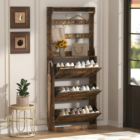 Shoe Cabinet with Coat Rack, Slim Hidden Shoe Storage Cabinet for Entryway, Freestanding Shoe Rack Organizer with Flip Drawers, Hooks & Hanging Bar, for Hallway & Living Room