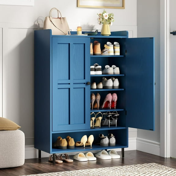 Shoe Cabinet with Cross Molding Doors, 6-Tier Shoe Storage Cabinet with 3 Adjustable Shelves and Metal Legs, 45'' Tall Shoes Rack Organizer Cabinet for Entryway, Front Door, Blue