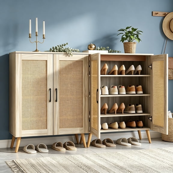 Shoe Cabinet with Doors, 4-Tier Rattan Shoe Rack Organizer Cabinet with Removable Shelves, Boho Wooden Shoe Storage Cabinet for Entryway, Hallway, Foyer, Natural Rattan Door