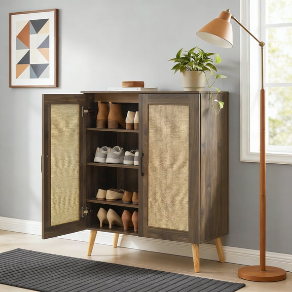 Shoe Cabinet with Doors, 4-Tier Rattan Shoe Rack Organizer Cabinet with Removable Shelves, Boho Wooden Shoe Storage Cabinet for Entryway, Hallway, Foyer, Walnut, Rattan Door