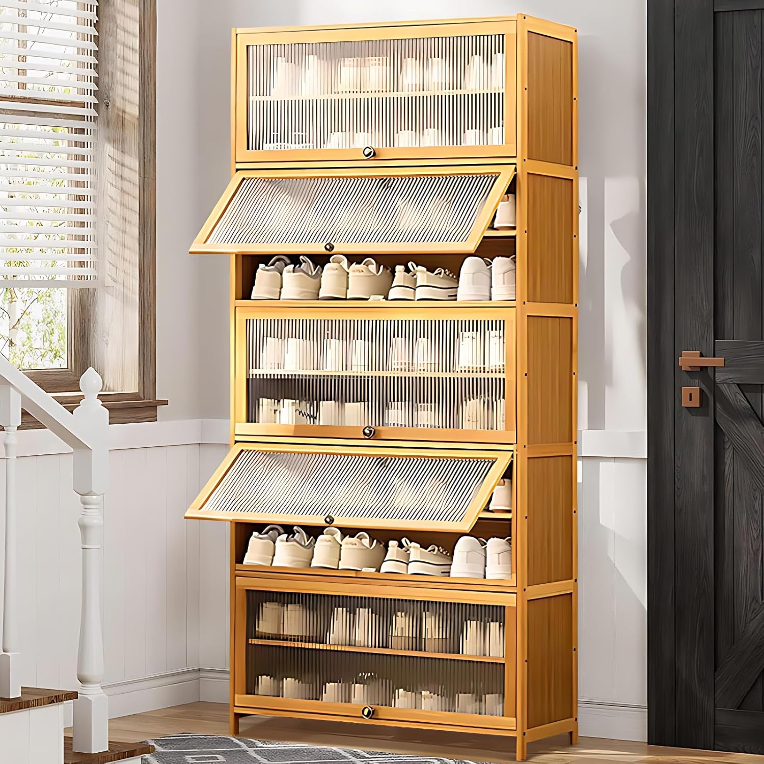 Shoe with Doors, Bamboo Shoe Storage with Adjustable