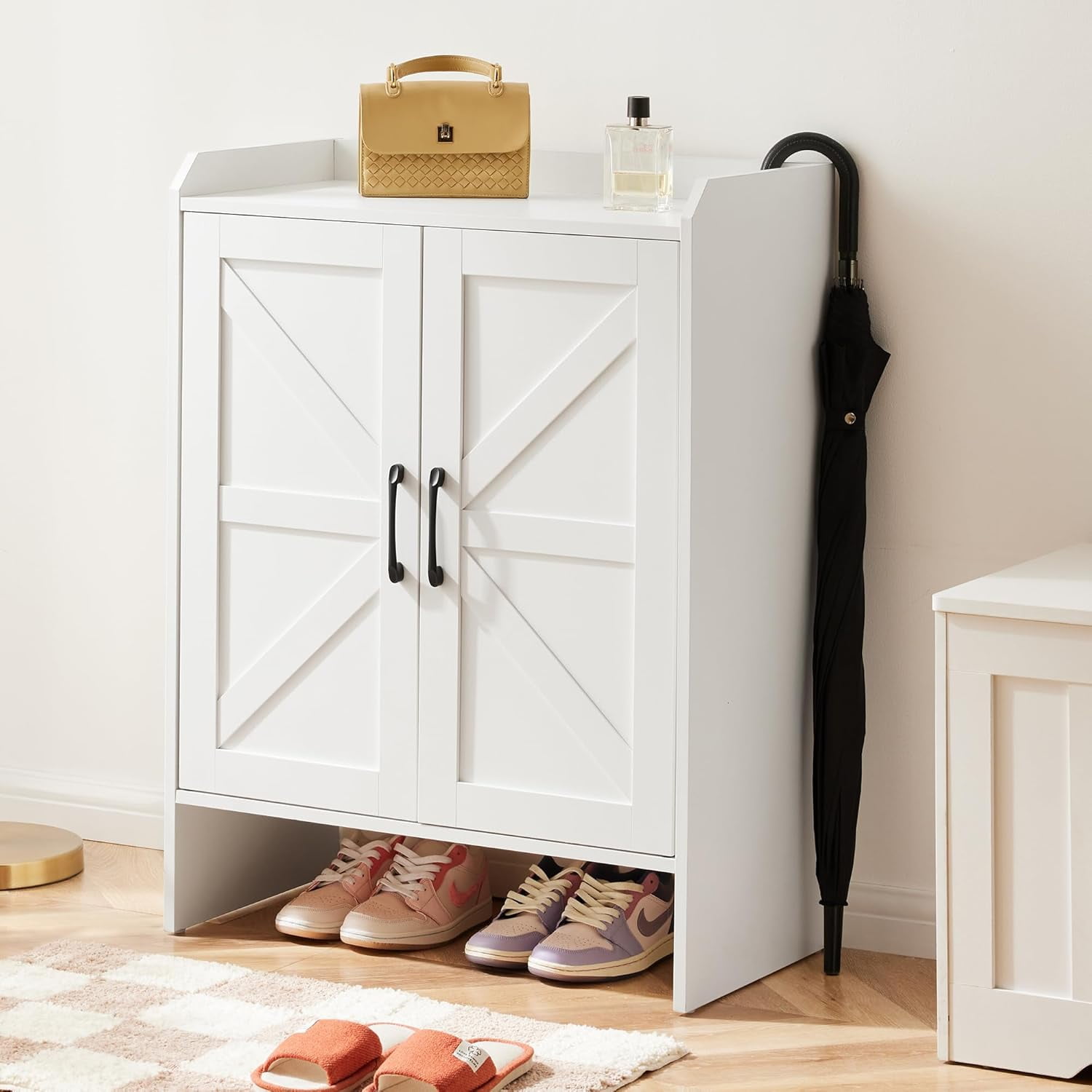 MERICONIA 5-Tier Farmhouse Shoe Cabinet – Large Storage With Adjustable Shelves, Hidden Doors, Anti-Tip Kit, Fits Entryway, Hallway & More