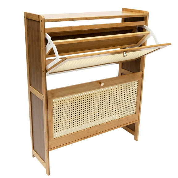 Shoe Cabinet, Durable Bamboo with Varnish, 4-Tier Enclosed Storage and Open Shelf, Stylish Rattan Handles, Space-Saving Design with 45-Degree Tilt, Best for Small Rooms
