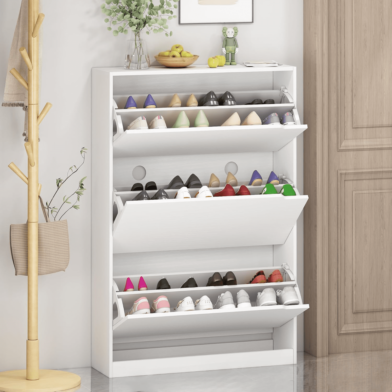 Shoe for Entryway with 3 Flip Drawers Black Tall Wood Shoe