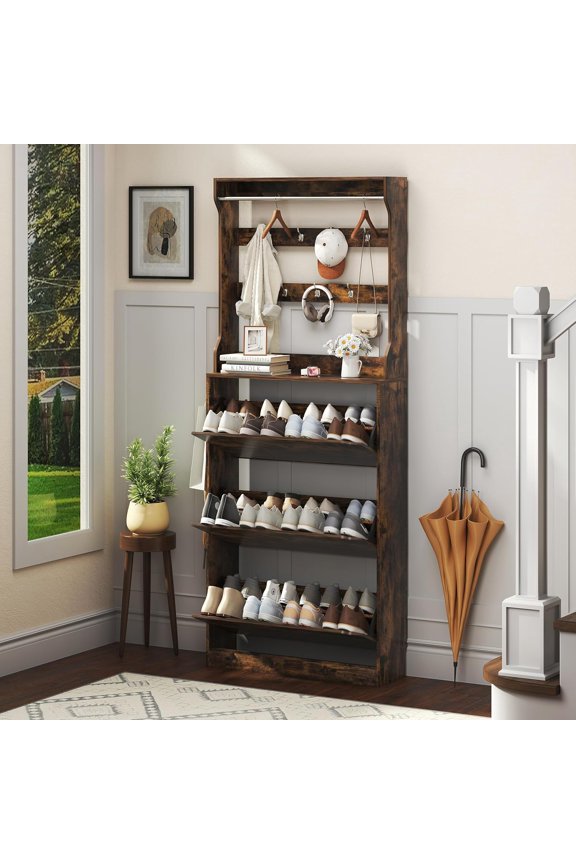 Shoe Cabinet for Entryway with 3 Flip Drawers, Brown Tall Wood Shoe Storage Cabinet with Coat Rack, Narrow Hidden Slim Freestanding Shoe Rack Organizer, 2 in 1 Hall Tree for Living Room, Hallway