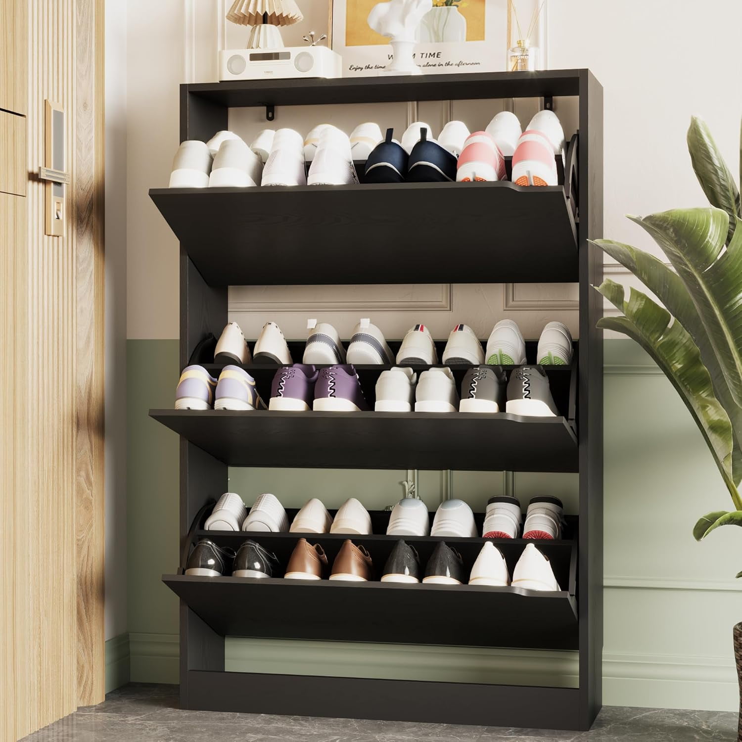 Shoe for Entryway with 3 Flip Drawers White Tall Wood Shoe