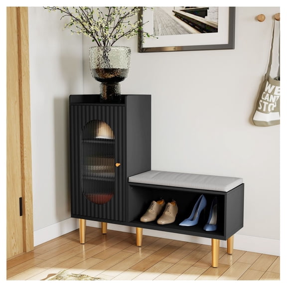 Shoe Cabinet Entryway L-Shaped Storage with Seat, Modern Shoe Organizer with Glass Door & Shelf, Black Hallway Cabinet