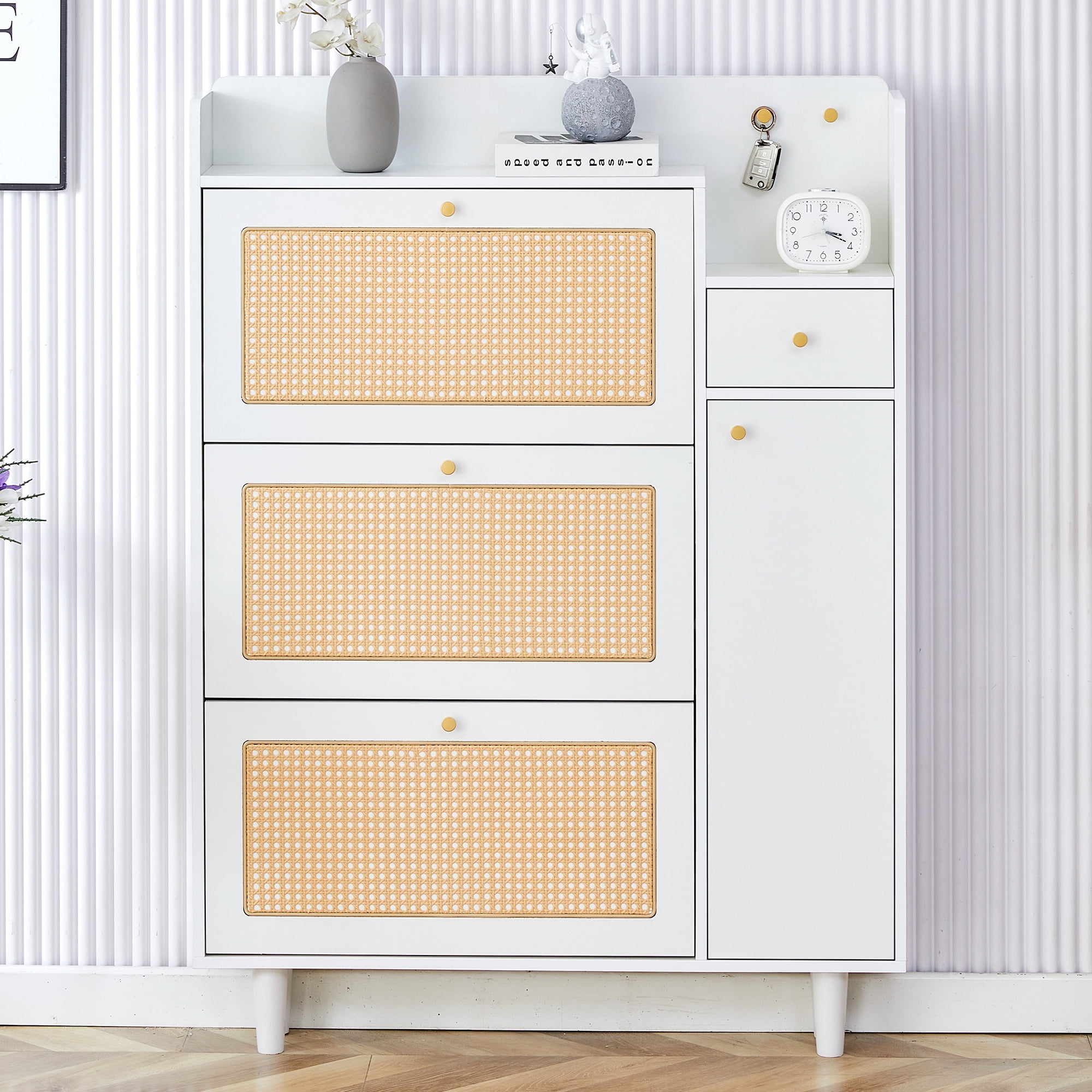 White and Natural Rattan MDF Shoe Cabinet with Storage Drawer