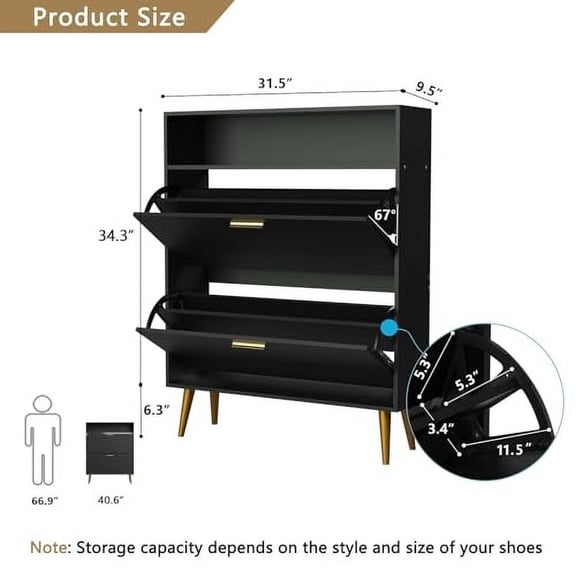 Shoe Cabinet Entryway Slim, Black Shoe Cabinet with 2 Flip Doors and Shelf, Shoe Storage Cabinet with Gold Handles, Freestanding Shoe Organizer for Hallway, Bedroom, Apartment
