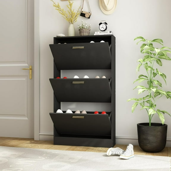 Shoe Cabinet for Entryway Slim, Narrow Shoe Storage Cabinet with 3 Flip Drawers, Wood Hidden Shoe Storage, Freestanding Shoe Organizer Cabinet for Hallway, Bedroom, Apartment, Black