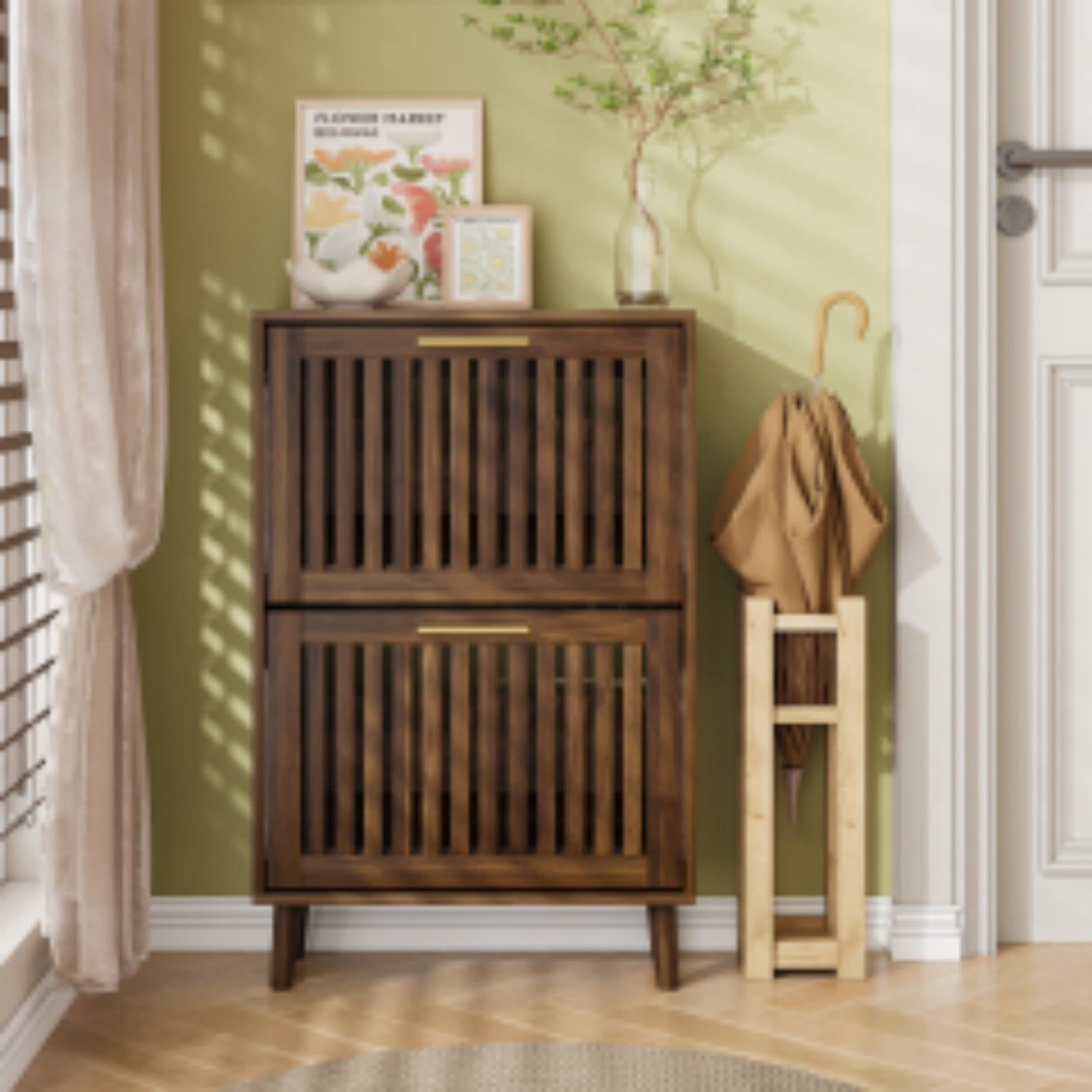 Shoe Cabinet, Entryway Storage Cabinet, 23.6" Farmhouse Shoe Rack with 2 Flip Drawers and Wavy Groove Panel, Medieval Modern Design for Hallway Entrance, Walnut