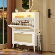 LED Shoe Cabinet with 2 Flip Drawers, Wood 20Pair Shoe Storage Cabinet with Lights for Entryway, Modern Shoe Rack Organizer for Living Room, Rattan Door Design, White