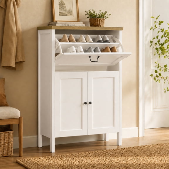 Shoe Cabinet with Flip Drawer, Boot Rack and 6 Boot Clips, Narrow Entryway Shoe Cabinet with Adjustable Shelf, Freestanding Shoe Organizer Cabinet for Entryway, Foyer, 31.5"W x 15.7"D x 45.3"H-White