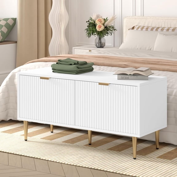 Shoe Cabinet, Fluted Entryway Bench with 2 Doors, Shoe Storage Bench for Hallway, Living Room, Bedroom