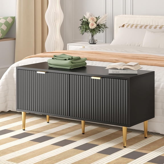 Shoe Cabinet, Fluted Entryway Bench with 2 Doors, Shoe Storage Bench for Hallway, Living Room, Bedroom