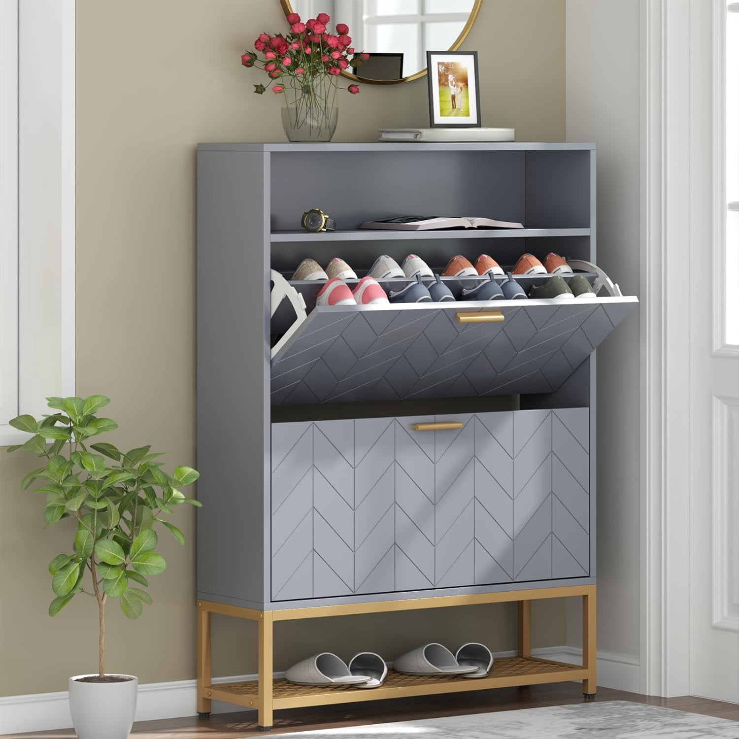 Tipping Bucket Rack Shoe Cabinet, Free Standing Tipping Bucket Shoe Rack Organizer with 2 ...