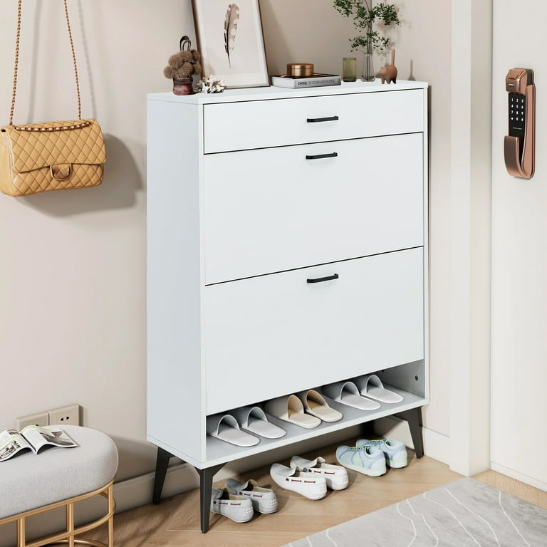 Modern Entryway White Shoe Storage Narrow Shoe Cabinet with 2 Flip Doors &  1 Drawer