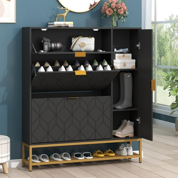 Shoe Cabinet,Freestanding Tipping Bucket Shoe Rack Organizer with 2 Flip Drawers,Entryway Narrow Shoe Storage with Adjustable Storage Shelf &Top Cubby,Modern Slim Hidden Shoe Cabinet