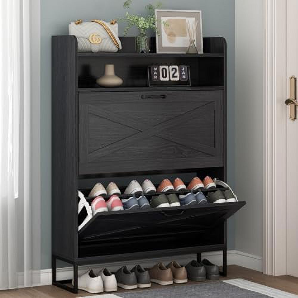 Tipping Bucket Rack Shoe Cabinet, Freestanding Tipping Bucket Shoe Storage Cabinet with 2 ...