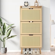 Shoe Cabinet Hidden Shoe Storage with 3 Flip Rattan Flip Drawer and Anti Tip Design, Shoe Cabinet for Entryway, Foyer, Hallway, 18 20 Pairs Storage Organizer, MDF Frame