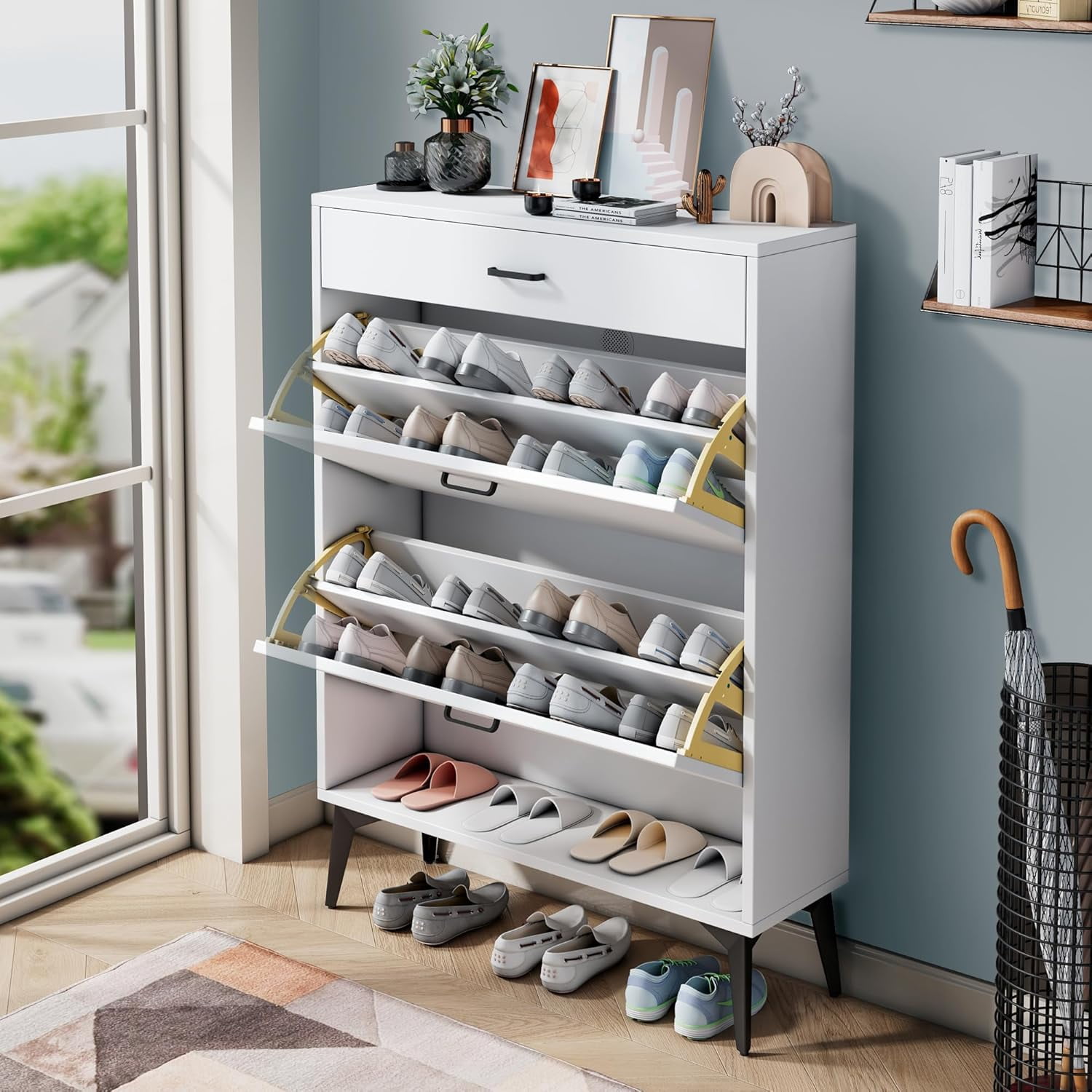 Wooden Shoe Rack Slim Flip-Door Shoe Cabinet 4-Tier Wooden