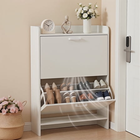 NBBOTBOT Shoe Cabinet 2-Drawer with Rack White Narrow Freestanding