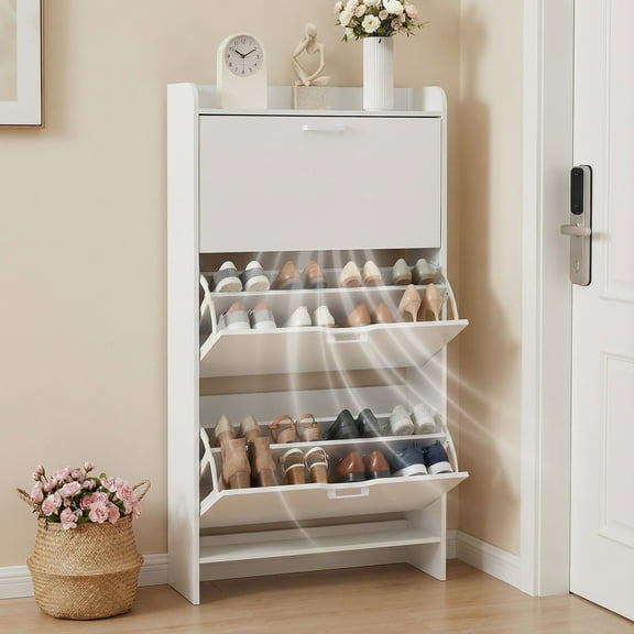 NBBOTBOT Shoe Cabinet 3-Drawer with Rack White Narrow Freestanding