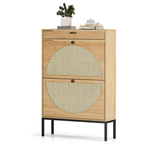 Shoe Cabinet, Natural Semi Circle Rattan Shoe Storage Organizer Cabinet with 2 Drawers, Freestanding Shoe Rack with Adjustable Shelf for Entryway (Large Size)