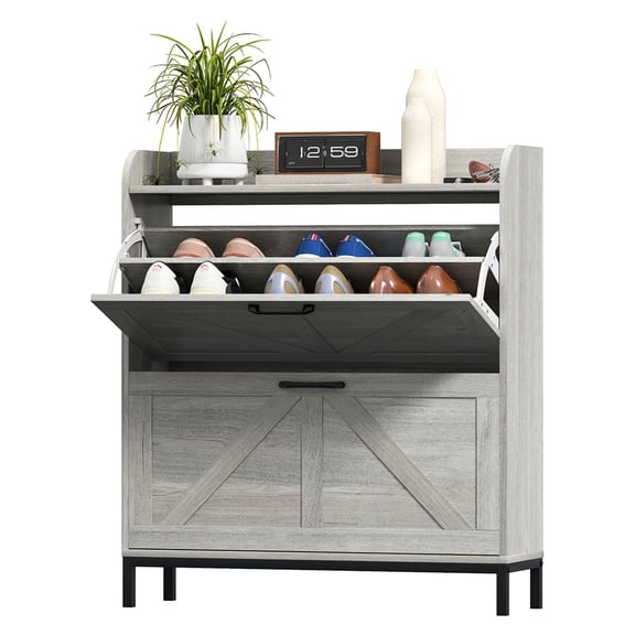 Shoe Cabinet Organizer, 2 Flip Drawers, Entryway Shoe Storage - Light Gray