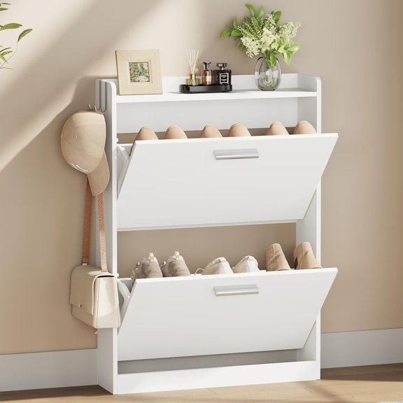 Shoe Cabinet Organizer with 2 Flip Drawers,Freestanding Shoe Rack Cabinet,Narrow Shoe Cabinet Storage for entryway,Foyer, Hallway, White, 23.6" W × 6.3" D × 33.1" H