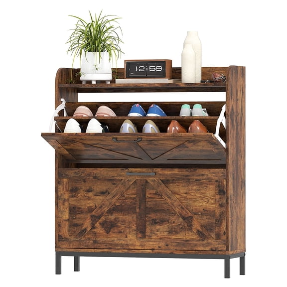 Shoe Cabinet Organizer, 2 Flip Drawers, Rustic Brown - Entryway Shoe Storage for 12 Pairs, Narrow Shoe Rack with Legs, Farmhouse Style