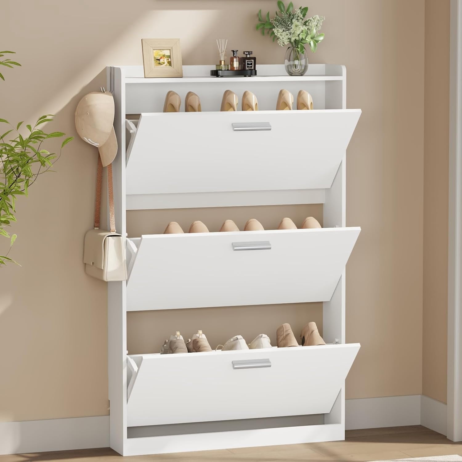 Shoe Cabinet Organizer with 3 Flip Drawers，Freestanding Shoe Rack Cabinet，Narrow Shoe Cabinet Storage for entryway，Foyer, Hallway, White, 23.6" W × 6.3" D × 47.2" H