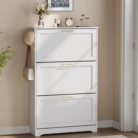 Shoe Cabinet Organizer with 3 Flip Drawers, Modern Narrow Shoe Cabinet with Metal Handles, Freestanding entryway Organizer with 2 Adjustable Shelves & 2 Hooks, for Foyer, Hallway, White