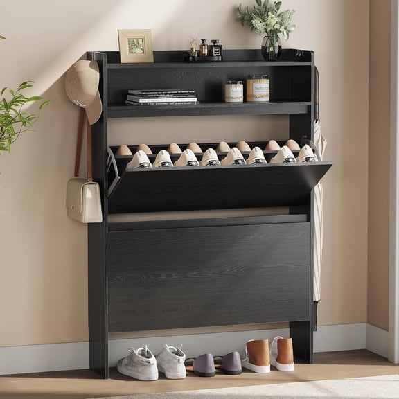 Shoe Cabinet Organizer with 2 Flip DrawersFreestanding Shoe Rack Cabinet, Shoe Cabinet Storage for entryway, Foyer, Hallway, Black, 31.5" W