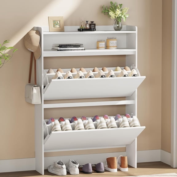 Shoe Cabinet Organizer with 2 Flip DrawersFreestanding Shoe Rack Cabinet, Shoe Cabinet Storage for entryway, Foyer, Hallway, White, 31.5" W