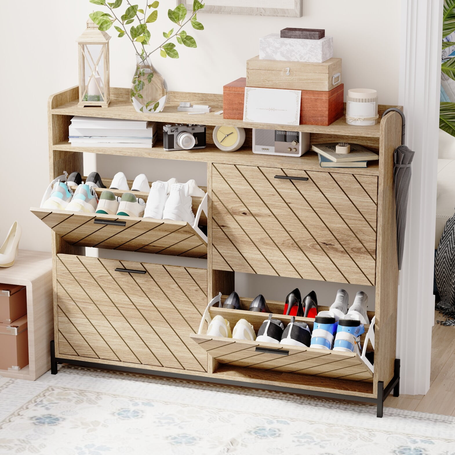 Shoe Cabinet, Shoe Rack Organizer Cabinet with Herringbone Wooden Flip ...