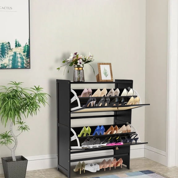 Shoe Cabinet Rattan Shoe Rack Shoe Storage Cupboard Organizer W/2 Fold-Out Doors (Black)