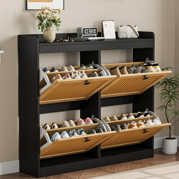 Shoe Cabinet Rattan with 4 Flip Drawers, Wooden Freestanding Shoe Organizer with Adjustable Shelves, Shoe Storage for Entryway, Closet, Hallway
