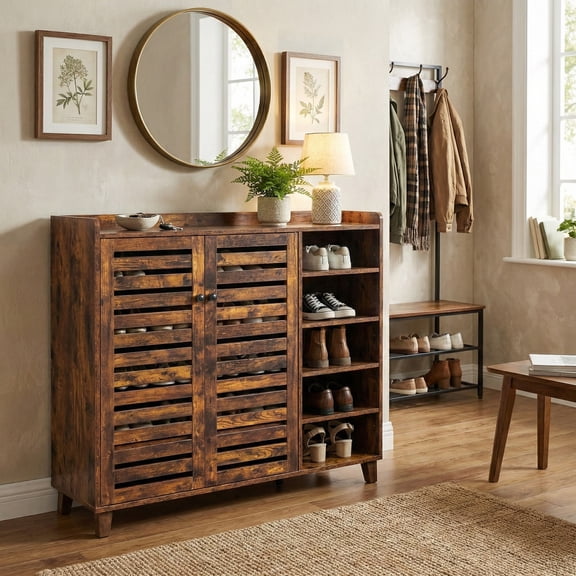 Shoe Cabinet Rustic Entryway Storage Organizer with 2 Doors 5 Open Compartments MDF Construction Tabletop with Raised Edge for Hallway Mudroom