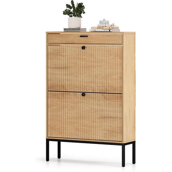 Shoe Cabinet, Shoe Storage Organizer Cabinet with 2 Flip Wavy Line Drawers, Freestanding Shoe Rack with Adjustable Shelf for Entryway
