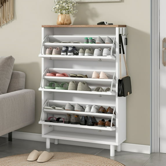 Shoe Cabinet Slim Shoe Storage Cabinet With 3 Flip Drawers Freestanding Shoe Organizer With 3 Hooks Adjustable Panel For Hallway Entryway