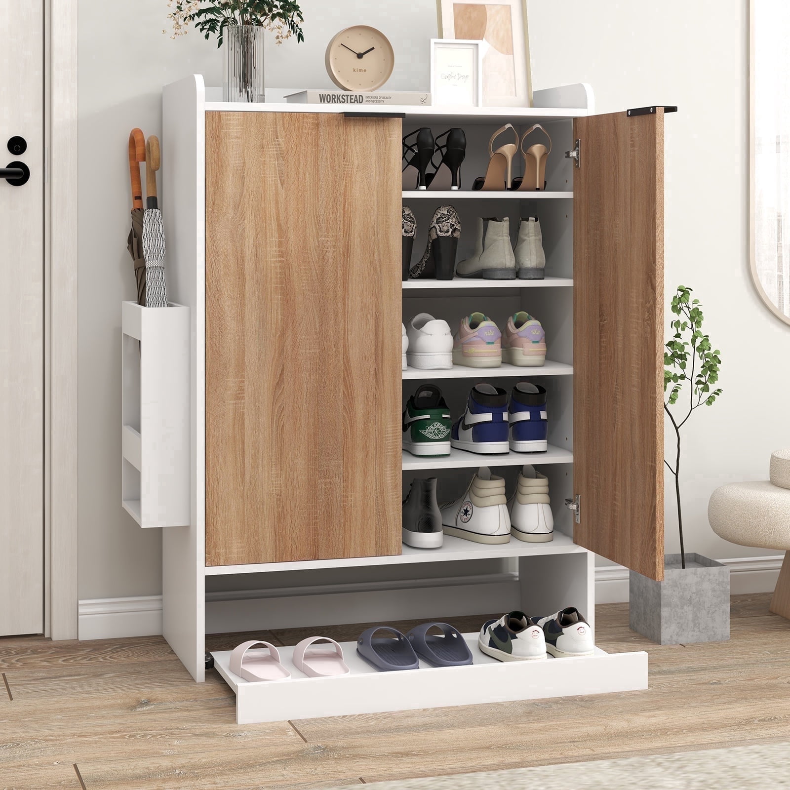 JOIVI Shoe Cabinet Storage for Entryway, 2-Door 5-Tiers Wood Shoe Rack Organizer w/ Adjustable Shelves, Slide-out Design, for Living room, Front door, Light Wood